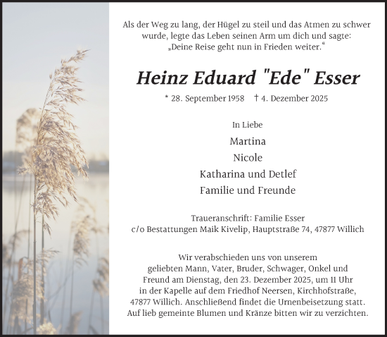 Traueranzeige von Heinz Eduard Esser von trauer.panorama-anzeigenblatt.de