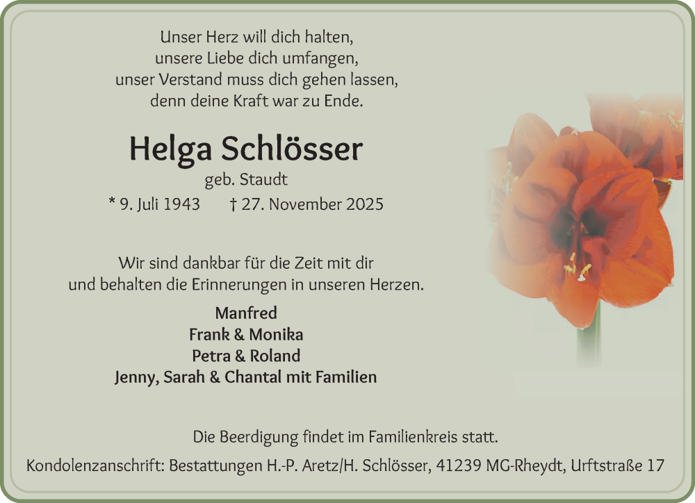  Traueranzeige für Helga Schlösser vom 07.12.2025 aus trauer.panorama-anzeigenblatt.de