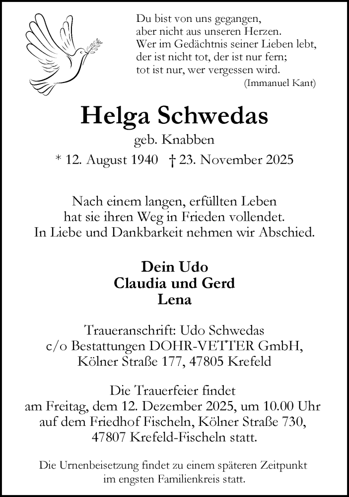  Traueranzeige für Helga Schwedas vom 07.12.2025 aus trauer.panorama-anzeigenblatt.de