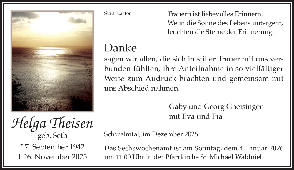  Traueranzeige für Helga Theisen vom 28.12.2025 aus trauer.panorama-anzeigenblatt.de