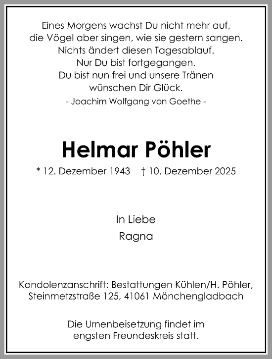 Traueranzeige von Helmar Pöhler von trauer.panorama-anzeigenblatt.de