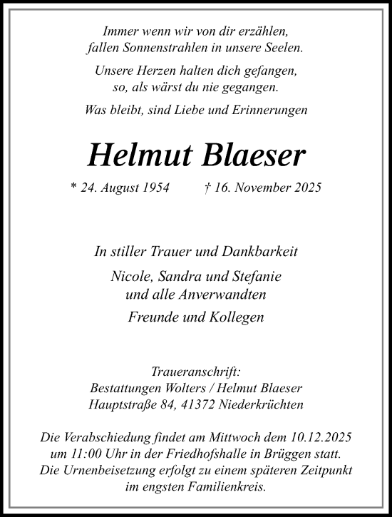 Traueranzeige von Helmut Blaeser von trauer.panorama-anzeigenblatt.de