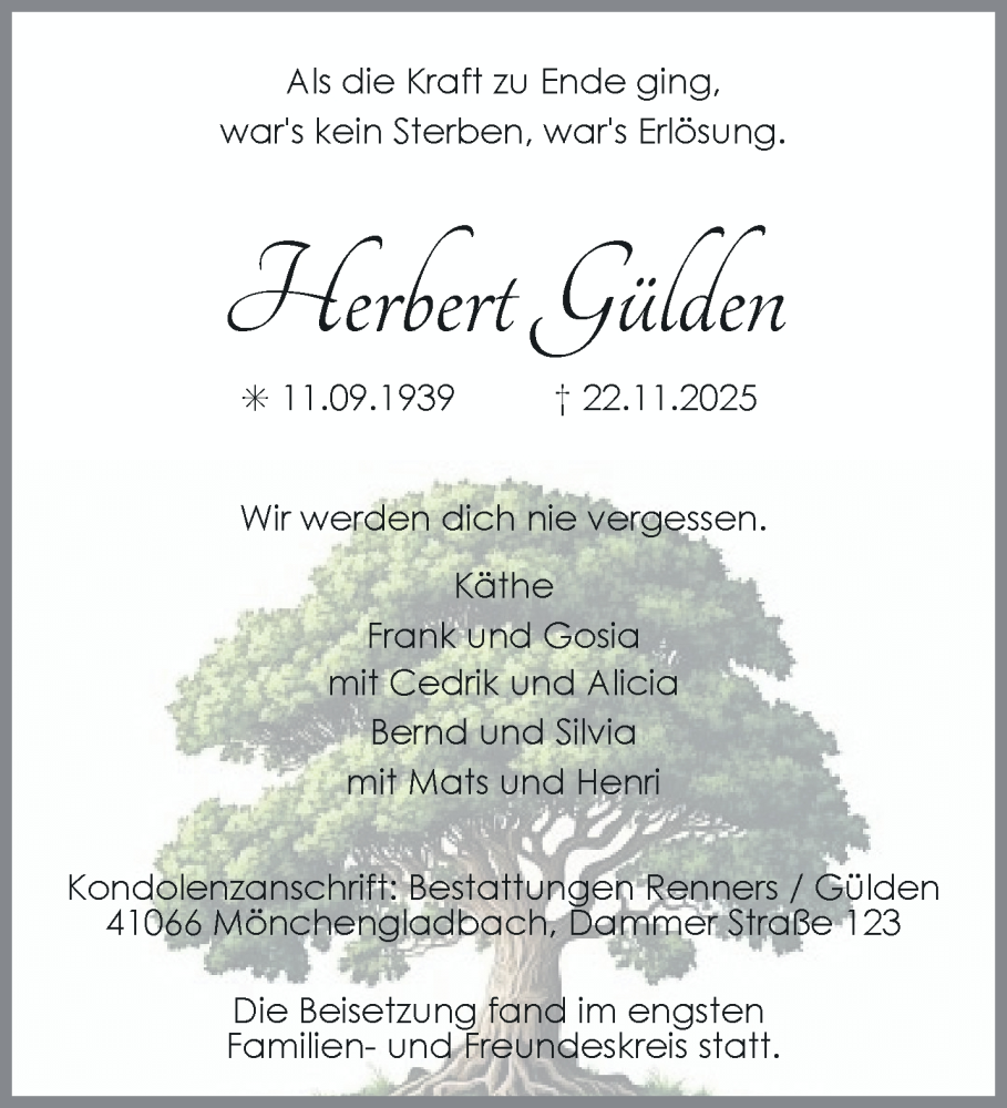  Traueranzeige für Herbert Gülden vom 14.12.2025 aus trauer.panorama-anzeigenblatt.de