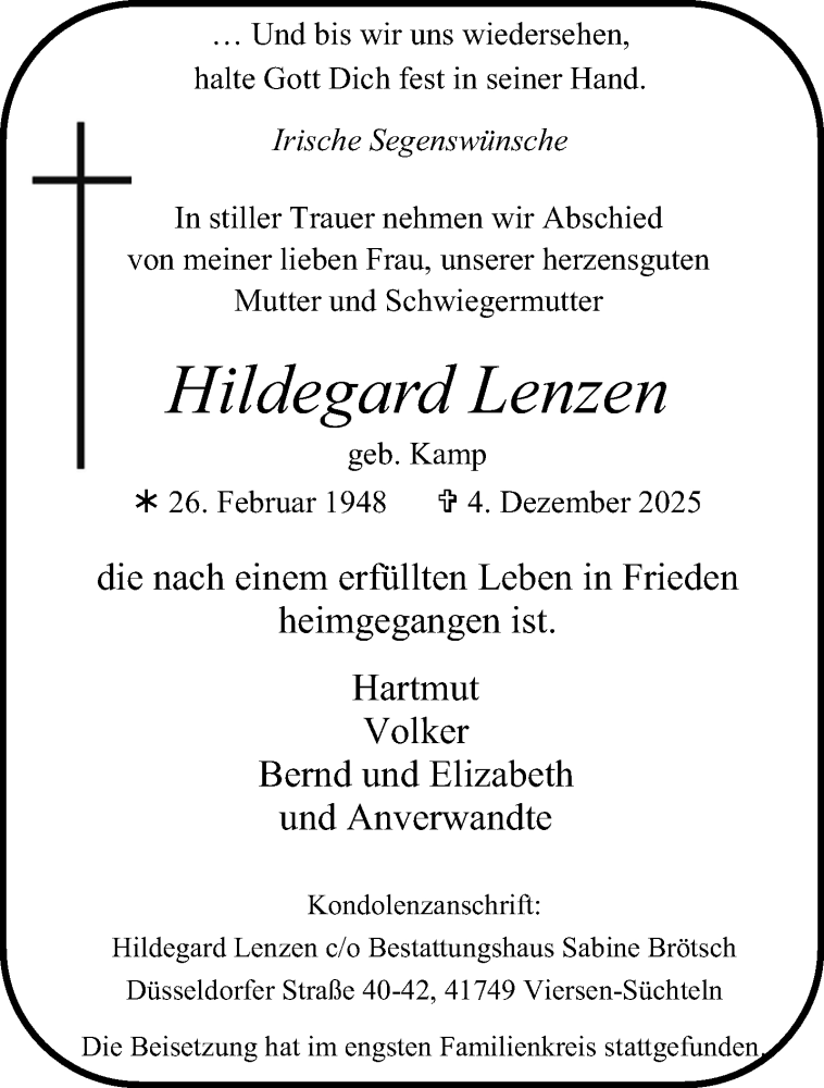  Traueranzeige für Hildegard Lenzen vom 21.12.2025 aus trauer.panorama-anzeigenblatt.de