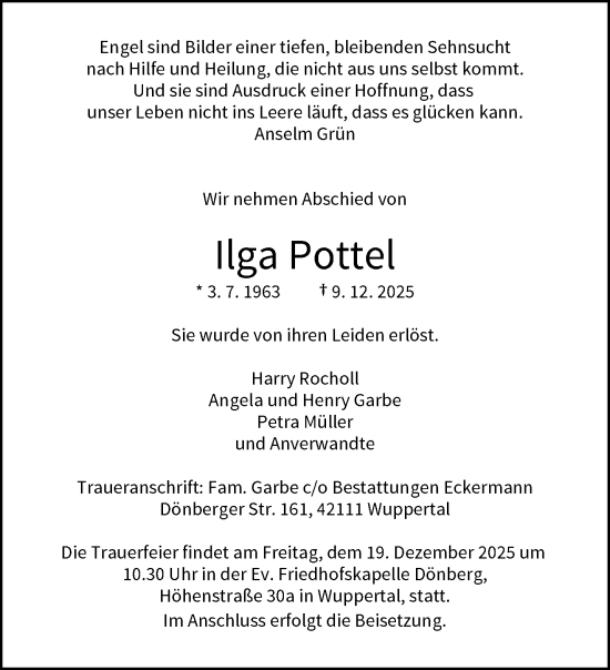 Traueranzeige von Ilga Pottel von trauer.wuppertaler-rundschau.de