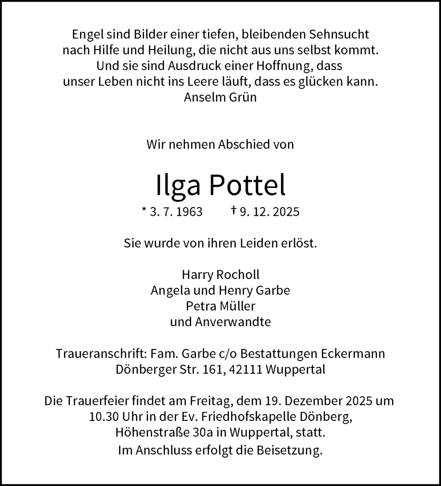  Traueranzeige für Ilga Pottel vom 13.12.2025 aus trauer.wuppertaler-rundschau.de