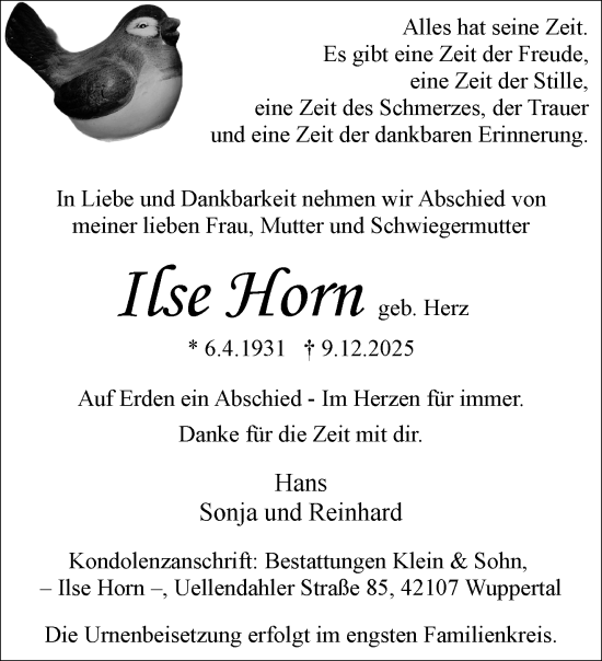 Traueranzeige von Ilse Horn von trauer.wuppertaler-rundschau.de