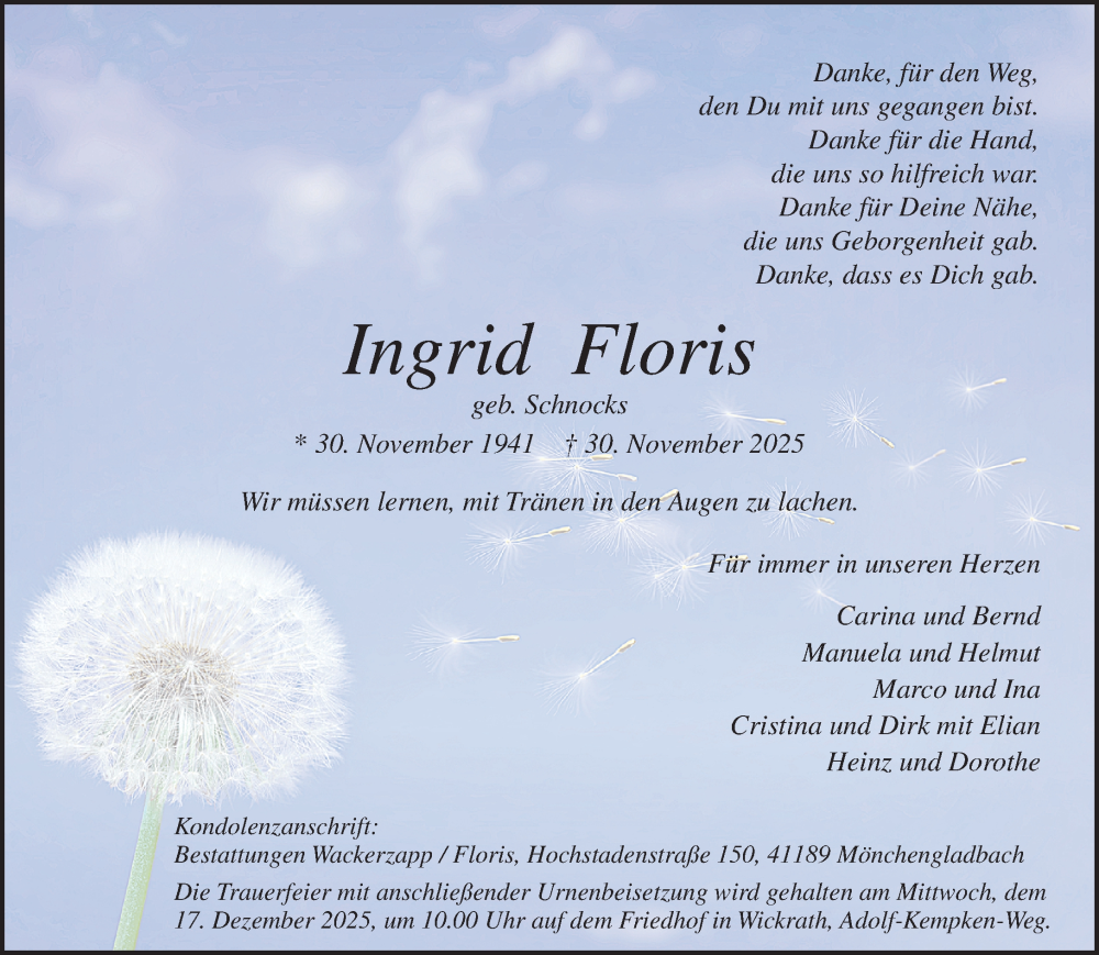  Traueranzeige für Ingrid Floris vom 14.12.2025 aus trauer.panorama-anzeigenblatt.de