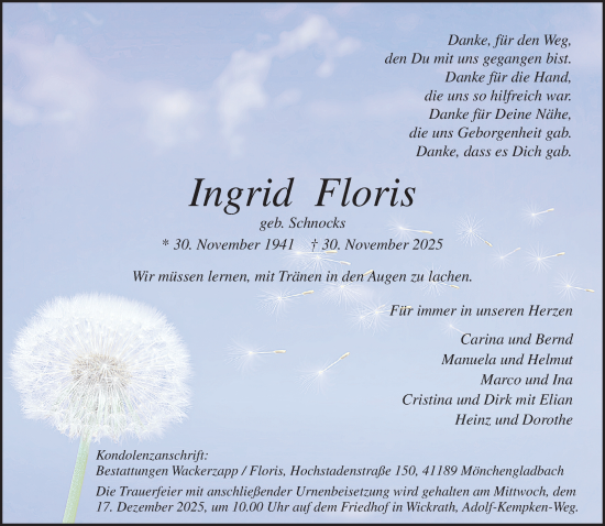 Traueranzeige von Ingrid Floris von trauer.panorama-anzeigenblatt.de