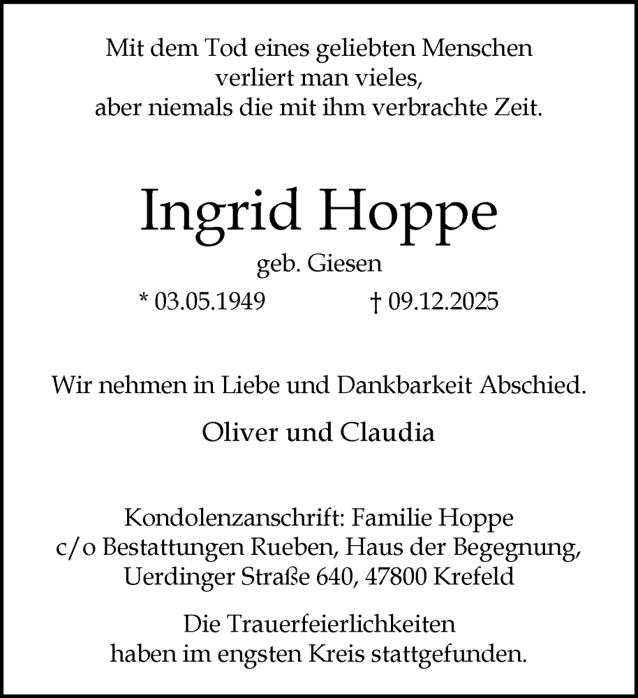  Traueranzeige für Ingrid Hoppe vom 21.12.2025 aus trauer.panorama-anzeigenblatt.de