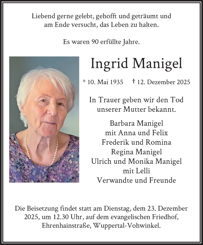  Traueranzeige für Ingrid Manigel vom 20.12.2025 aus trauer.wuppertaler-rundschau.de