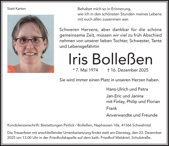 Traueranzeige von Iris Bolleßen von trauer.panorama-anzeigenblatt.de