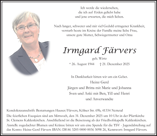 Traueranzeige von Irmgard Färvers von trauer.panorama-anzeigenblatt.de