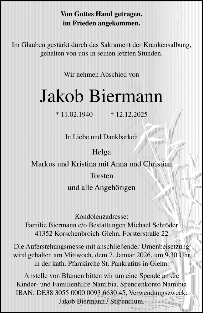  Traueranzeige für Jakob Biermann vom 21.12.2025 aus trauer.panorama-anzeigenblatt.de
