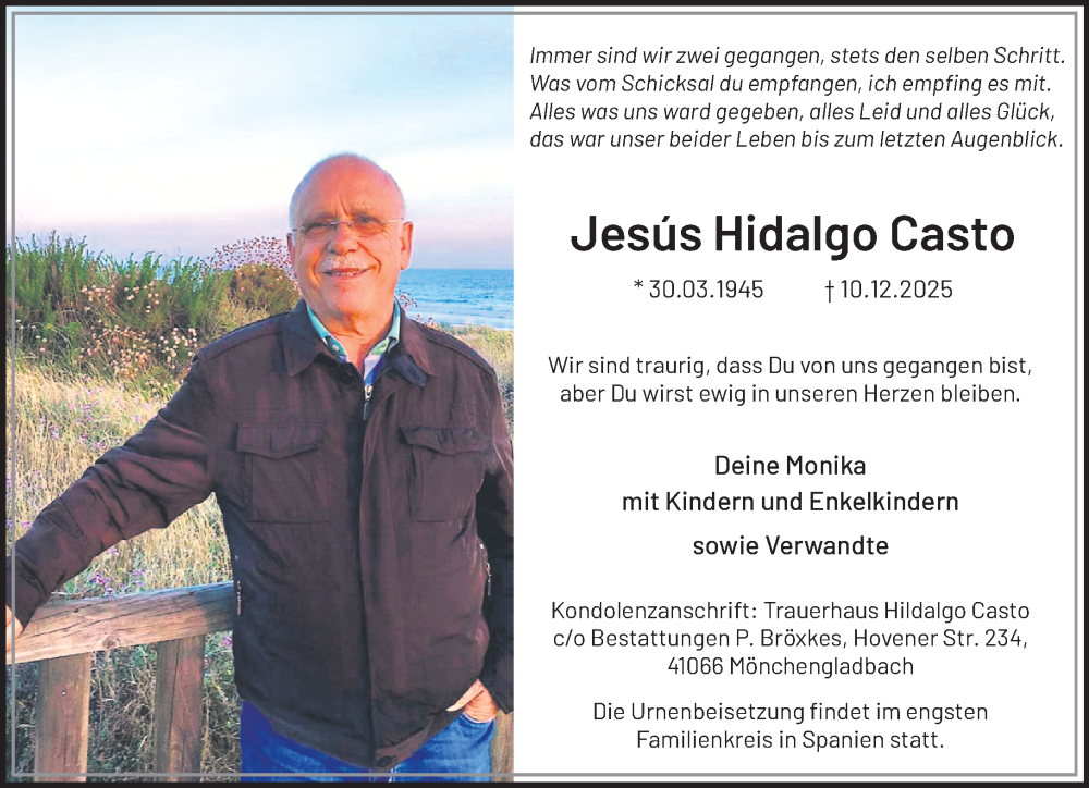  Traueranzeige für Jesús Hidalgo Casto vom 21.12.2025 aus trauer.panorama-anzeigenblatt.de