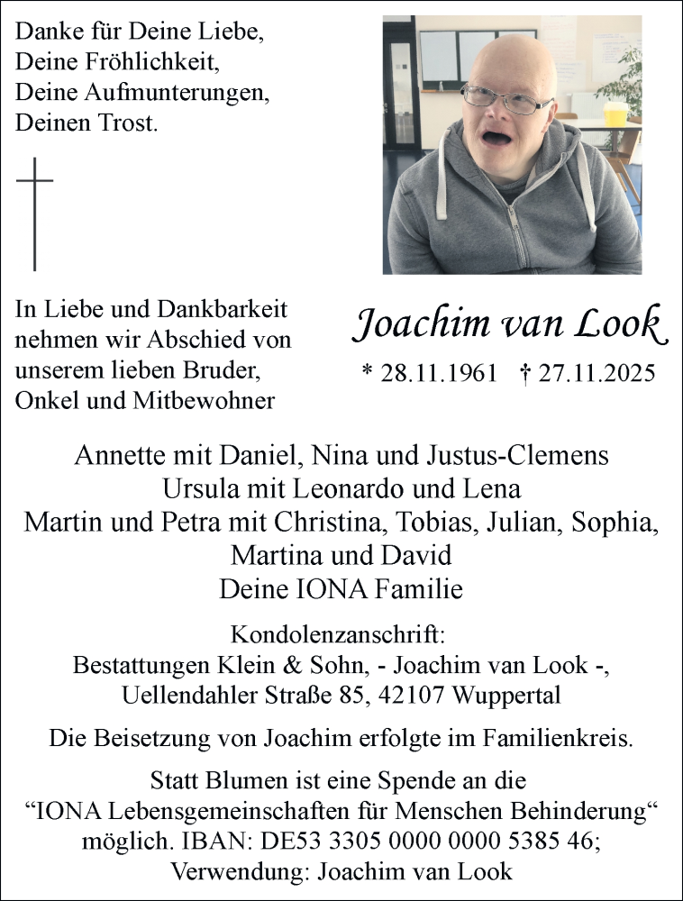  Traueranzeige für Joachim van Look vom 06.12.2025 aus trauer.wuppertaler-rundschau.de