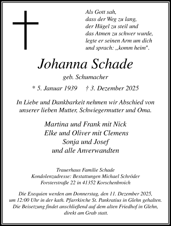 Traueranzeige von Johanna Schade von trauer.panorama-anzeigenblatt.de