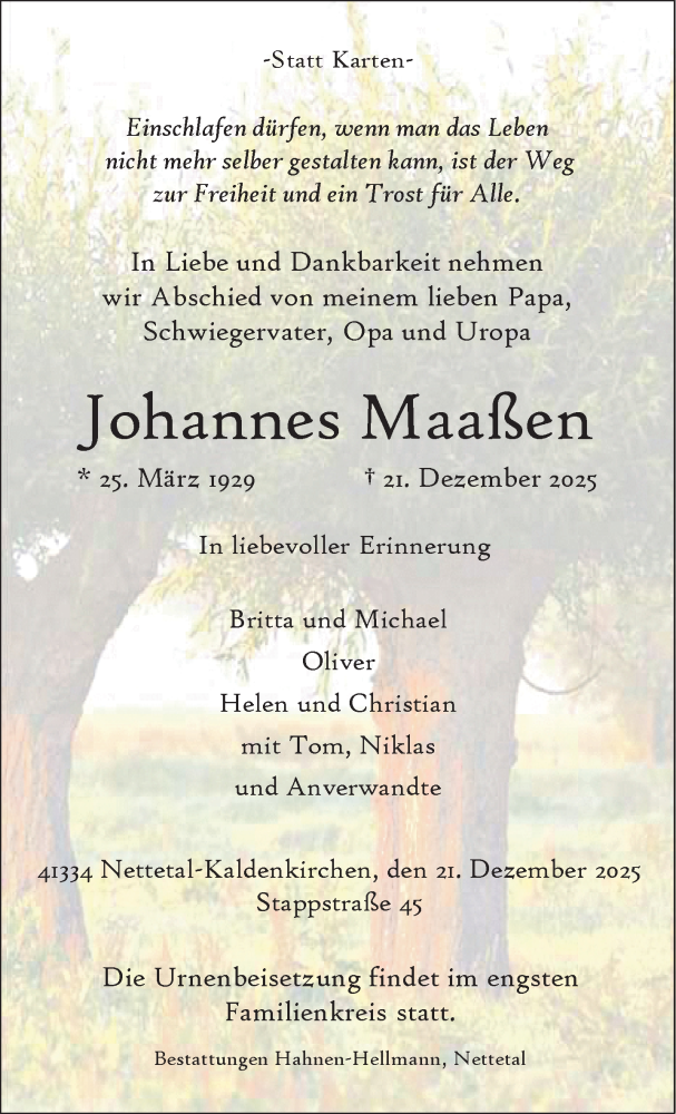  Traueranzeige für Johannes Maaßen vom 28.12.2025 aus trauer.panorama-anzeigenblatt.de