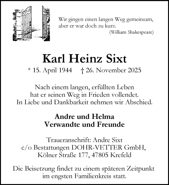 Traueranzeige von Karl Heinz Sixt von trauer.panorama-anzeigenblatt.de