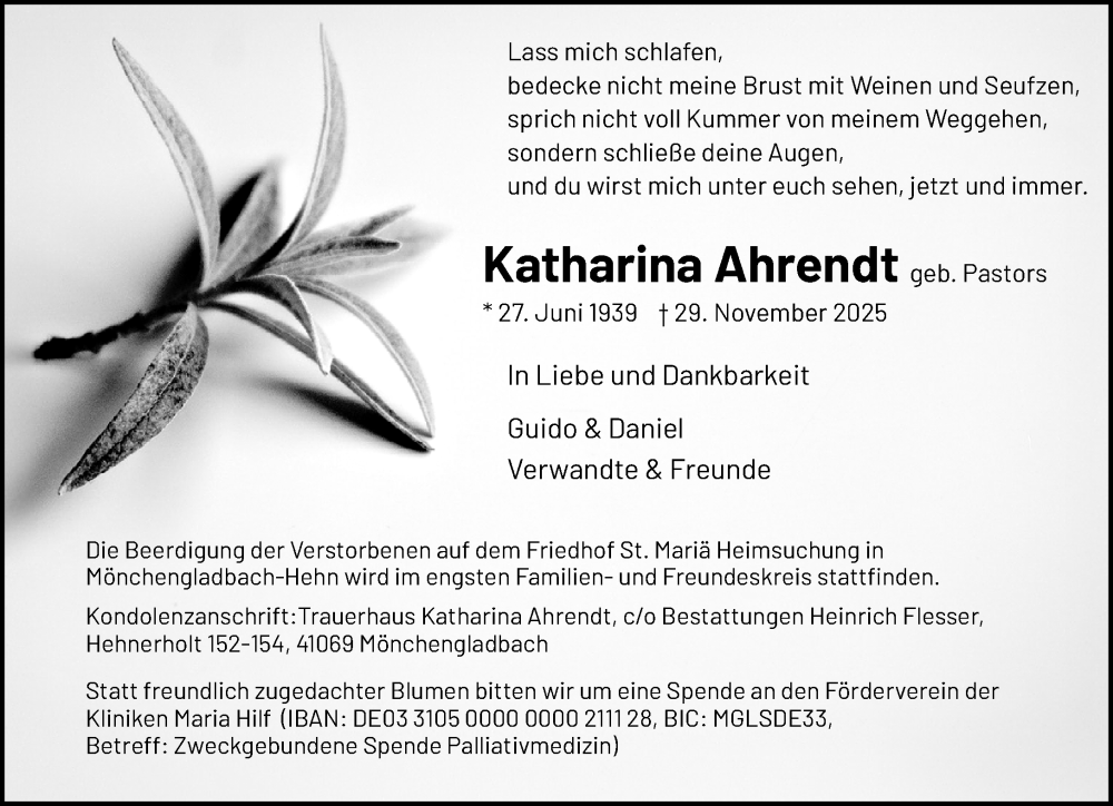  Traueranzeige für Katharina Ahrendt vom 07.12.2025 aus trauer.panorama-anzeigenblatt.de