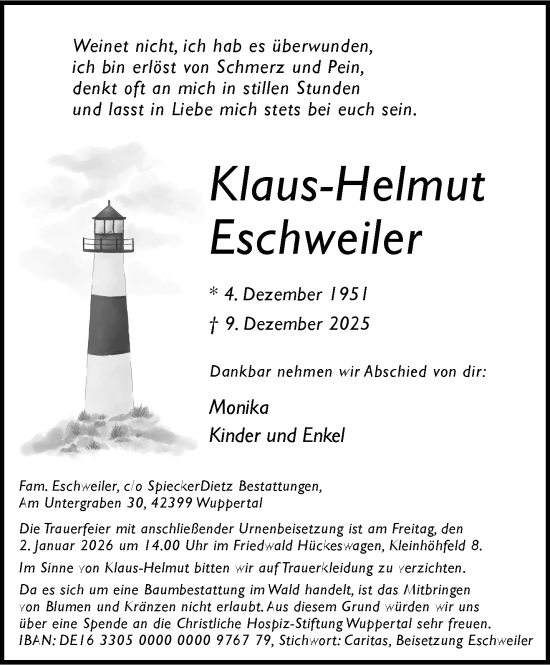 Traueranzeige von Klaus-Helmut Eschweiler von trauer.wuppertaler-rundschau.de