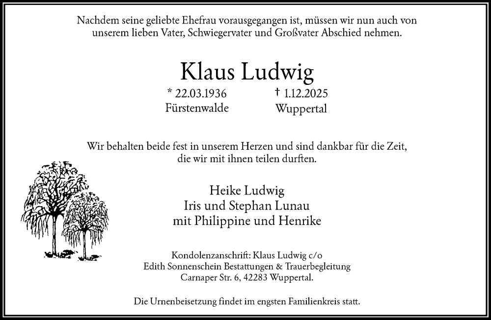  Traueranzeige für Klaus Ludwig vom 13.12.2025 aus trauer.wuppertaler-rundschau.de