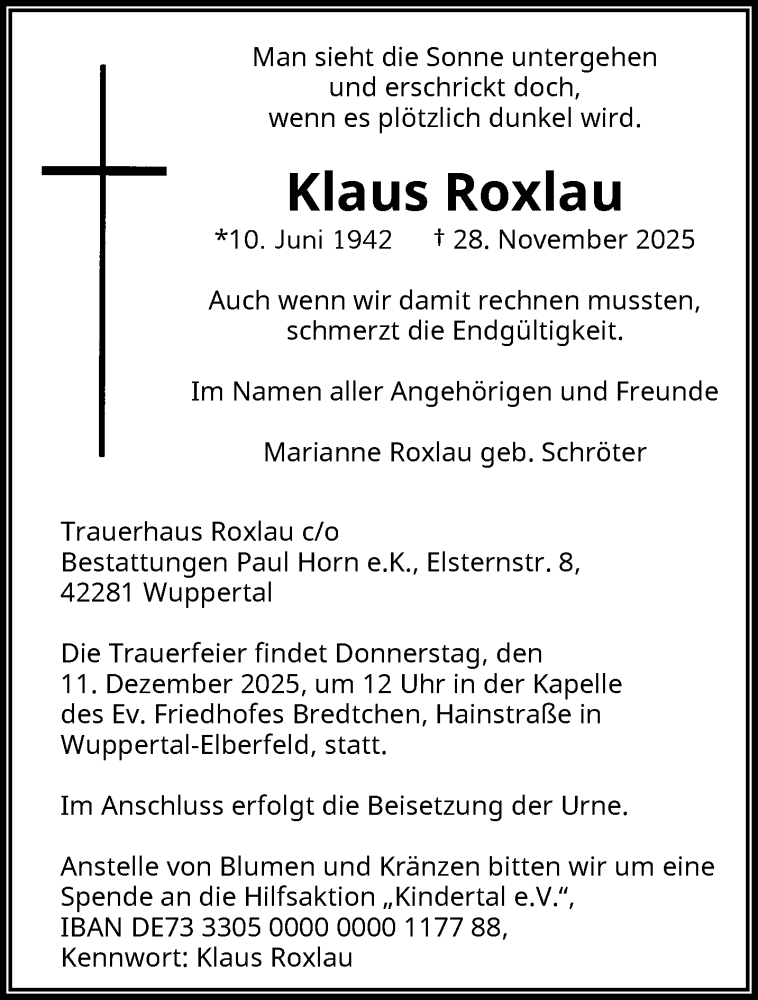  Traueranzeige für Klaus Roxlau vom 06.12.2025 aus trauer.wuppertaler-rundschau.de