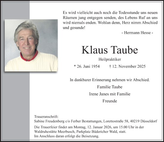 Traueranzeige von Klaus Taube von trauer.panorama-anzeigenblatt.de
