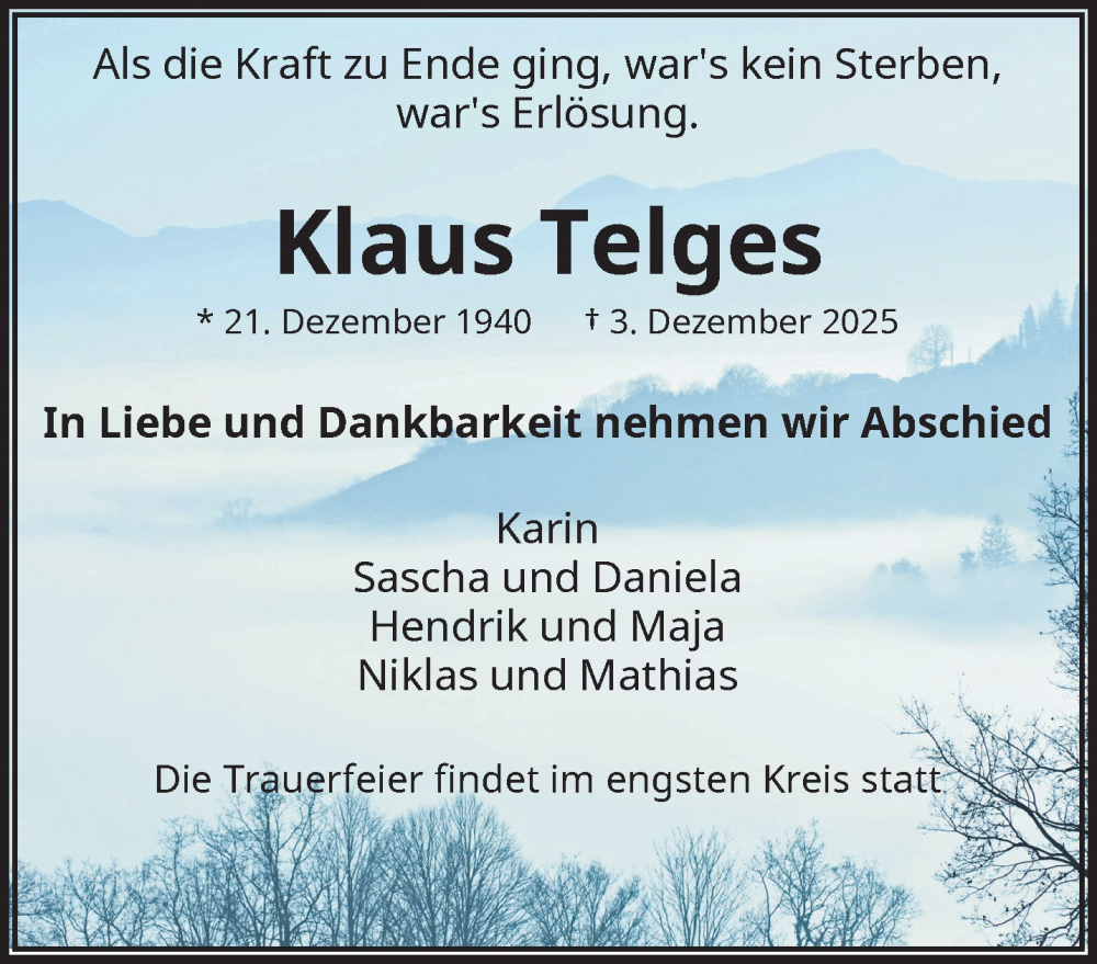  Traueranzeige für Klaus Telges vom 06.12.2025 aus trauer.wuppertaler-rundschau.de