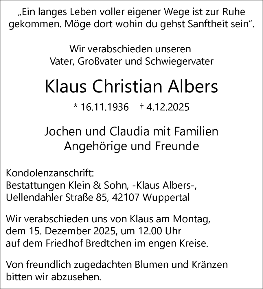  Traueranzeige für Klaus Christian Albers vom 13.12.2025 aus trauer.wuppertaler-rundschau.de