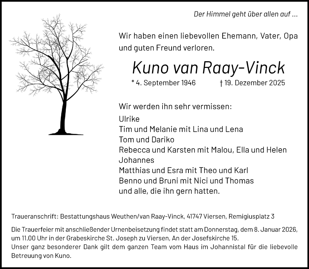  Traueranzeige für Kuno van Raay-Vinck vom 28.12.2025 aus trauer.panorama-anzeigenblatt.de