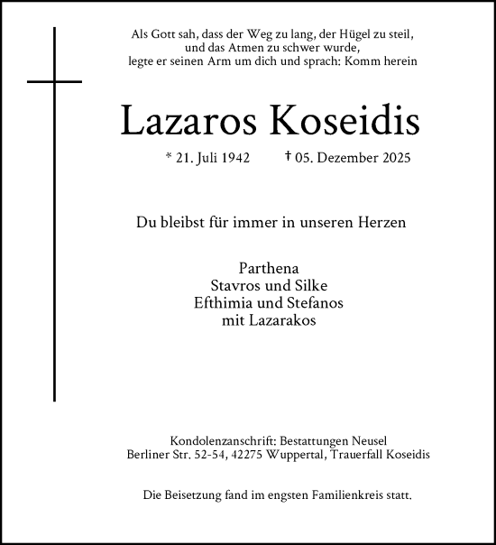 Traueranzeige von Lazaros Koseidis von trauer.wuppertaler-rundschau.de