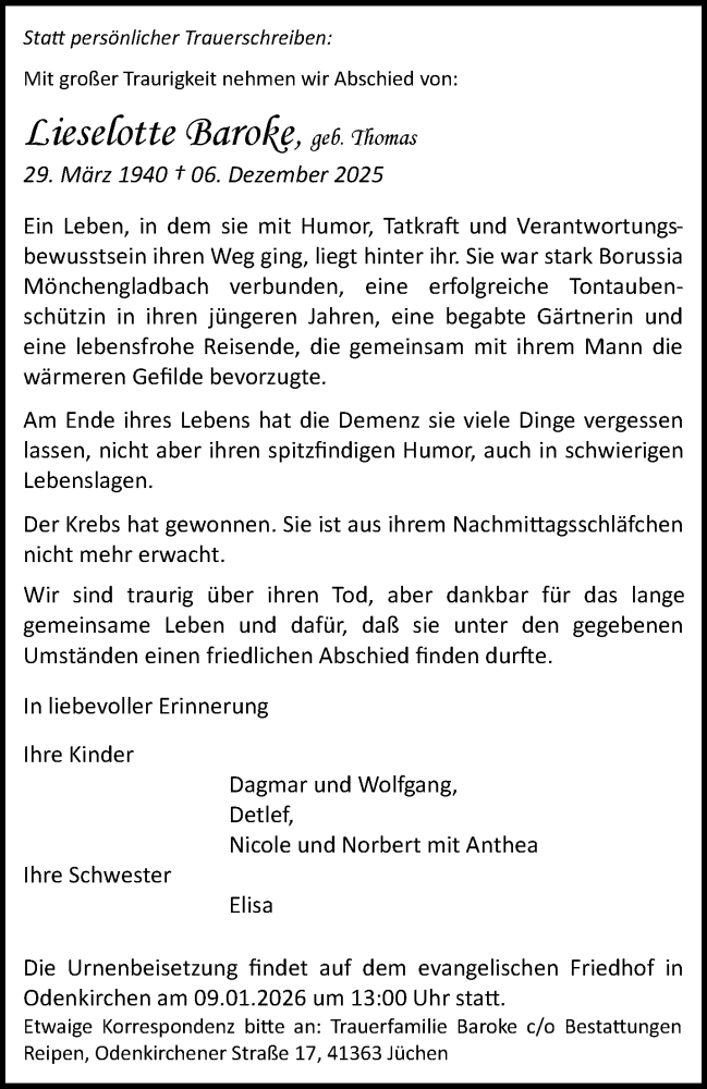  Traueranzeige für Lieselotte Baroke vom 20.12.2025 aus trauer.stadt-kurier.de