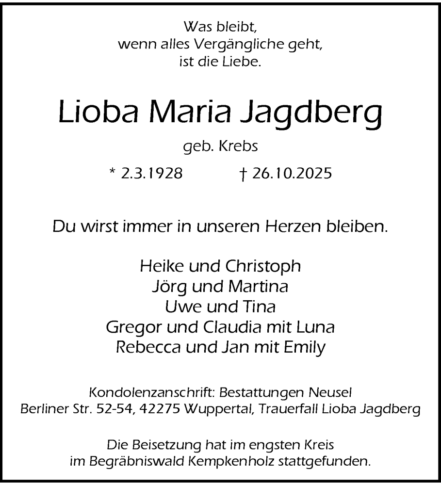  Traueranzeige für Lioba Maria Jagdberg vom 06.12.2025 aus trauer.wuppertaler-rundschau.de