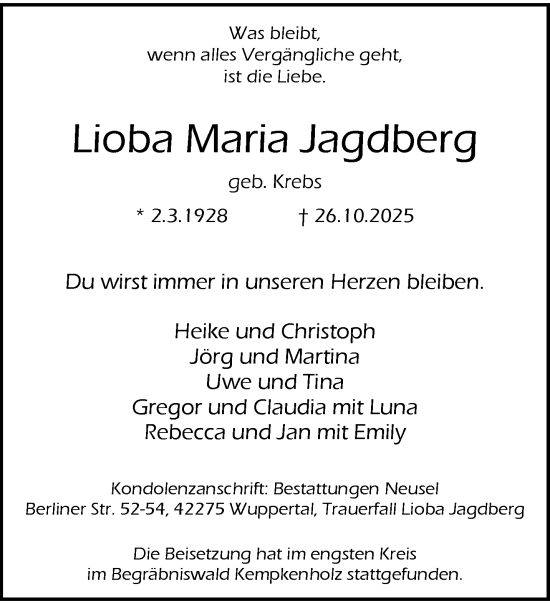 Traueranzeige von Lioba Maria Jagdberg von trauer.wuppertaler-rundschau.de