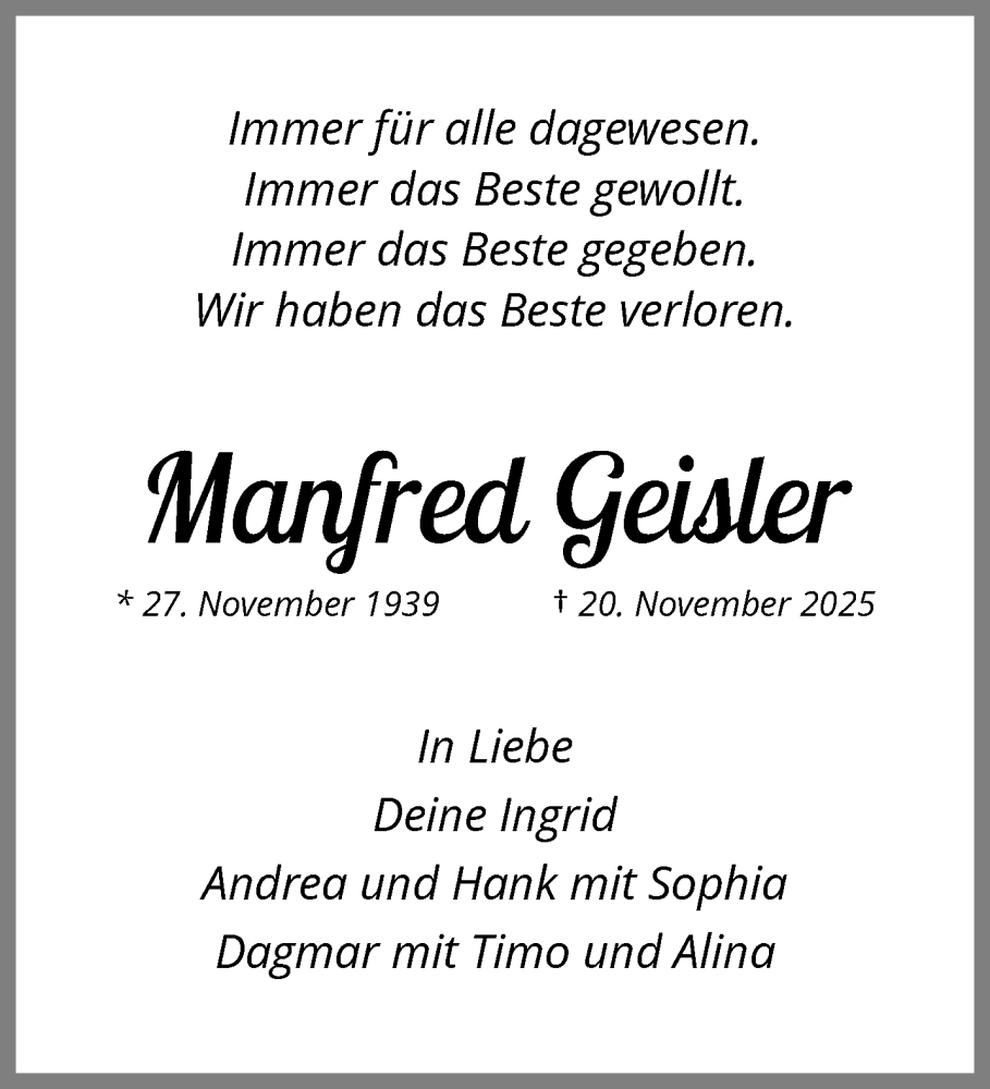  Traueranzeige für Manfred Geisler vom 05.12.2025 aus trauer.panorama-anzeigenblatt.de