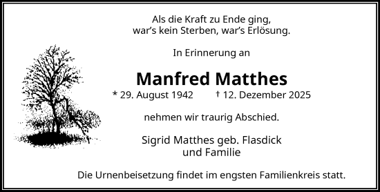 Traueranzeige von Manfred Matthes von trauer.wuppertaler-rundschau.de