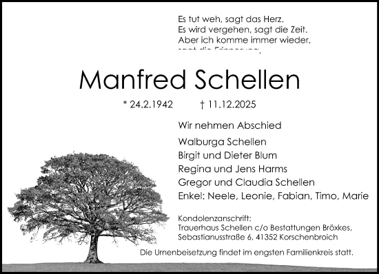Traueranzeige von Manfred Schellen von trauer.panorama-anzeigenblatt.de
