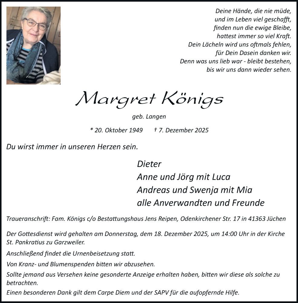  Traueranzeige für Margret Königs vom 13.12.2025 aus trauer.stadt-kurier.de