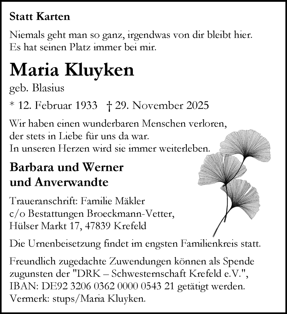  Traueranzeige für Maria Kluyken vom 07.12.2025 aus trauer.panorama-anzeigenblatt.de