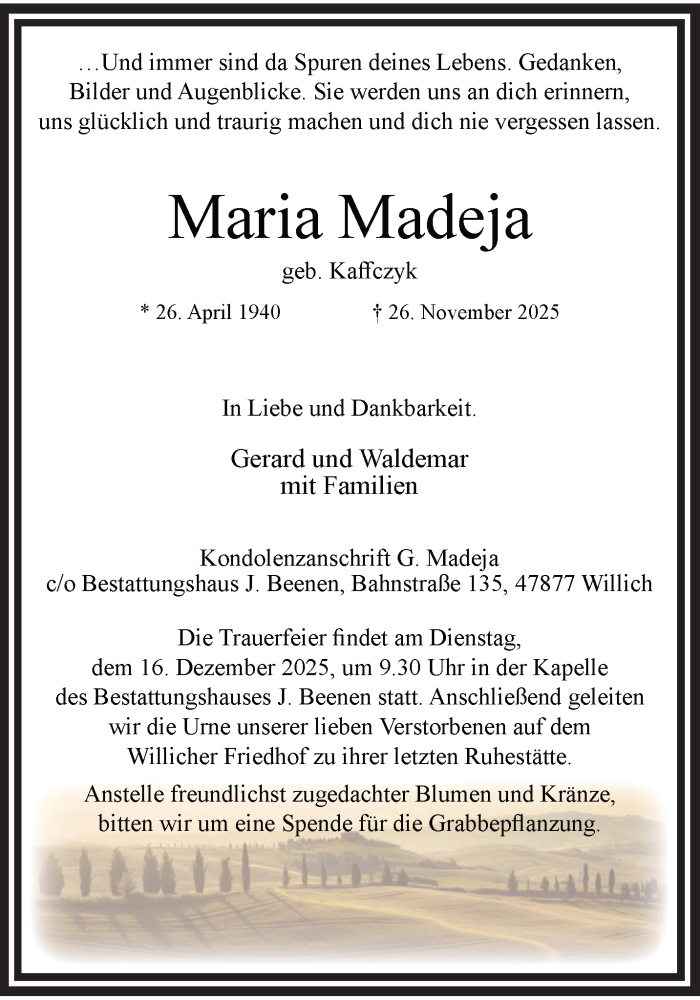  Traueranzeige für Maria Madeja vom 14.12.2025 aus trauer.panorama-anzeigenblatt.de