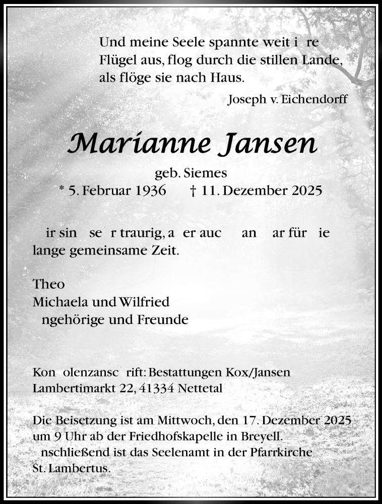  Traueranzeige für Marianne Jansen vom 14.12.2025 aus trauer.panorama-anzeigenblatt.de