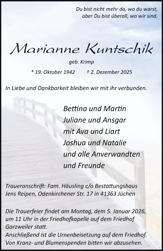 Traueranzeige von Marianne Kuntschik von trauer.stadt-kurier.de