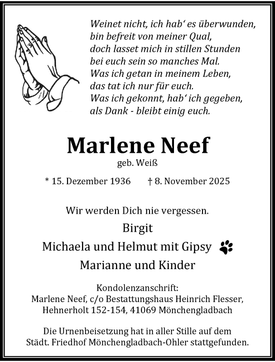 Traueranzeige von Marlene Neef von trauer.panorama-anzeigenblatt.de