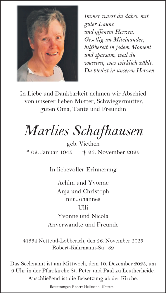  Traueranzeige für Marlies Schafhausen vom 07.12.2025 aus trauer.panorama-anzeigenblatt.de