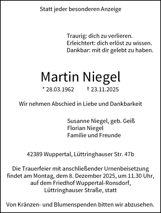 Traueranzeige von Martin Niegel von trauer.wuppertaler-rundschau.de