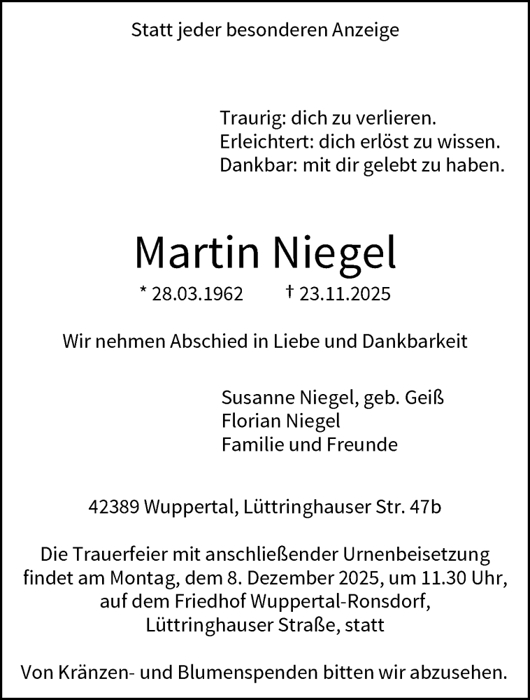  Traueranzeige für Martin Niegel vom 06.12.2025 aus trauer.wuppertaler-rundschau.de
