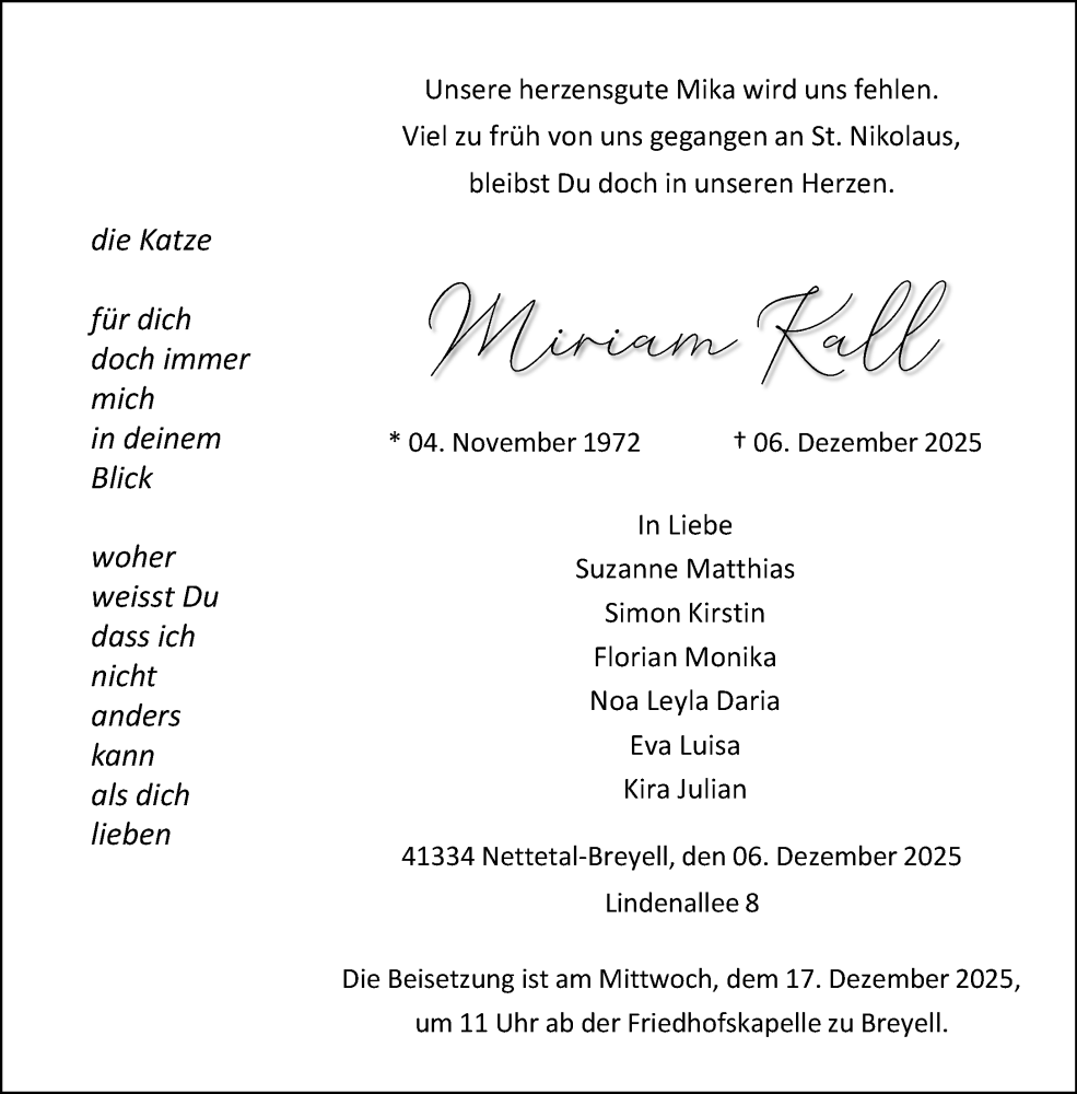  Traueranzeige für Miriam Kall vom 14.12.2025 aus trauer.panorama-anzeigenblatt.de