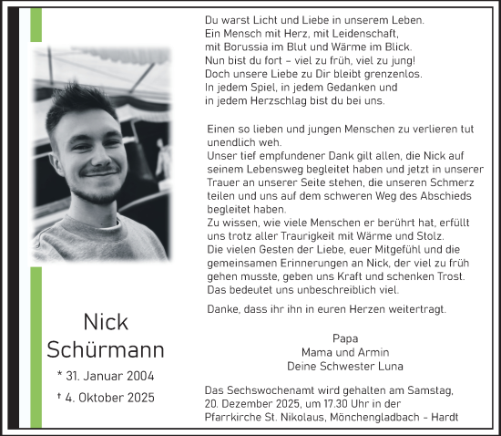 Traueranzeige von Nick Schürmann von trauer.panorama-anzeigenblatt.de