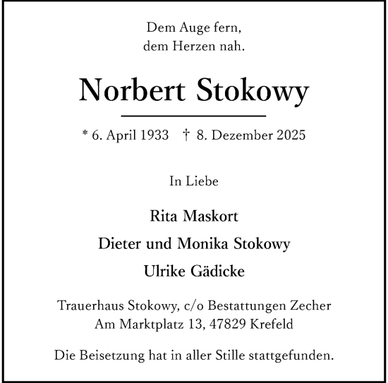 Traueranzeige von Norbert Stokowy von trauer.wuppertaler-rundschau.de